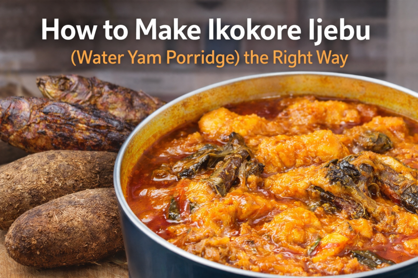 Ikokore Ijebu water yam porridge cooked with dried fish, stockfish, and palm oil in a traditional Nigerian style.