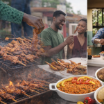 Nigerian street food and home cooking side by side — a couple eating suya skewers at an open grill in Lagos alongside a spread of jollof rice, amala, and Nigerian stew.