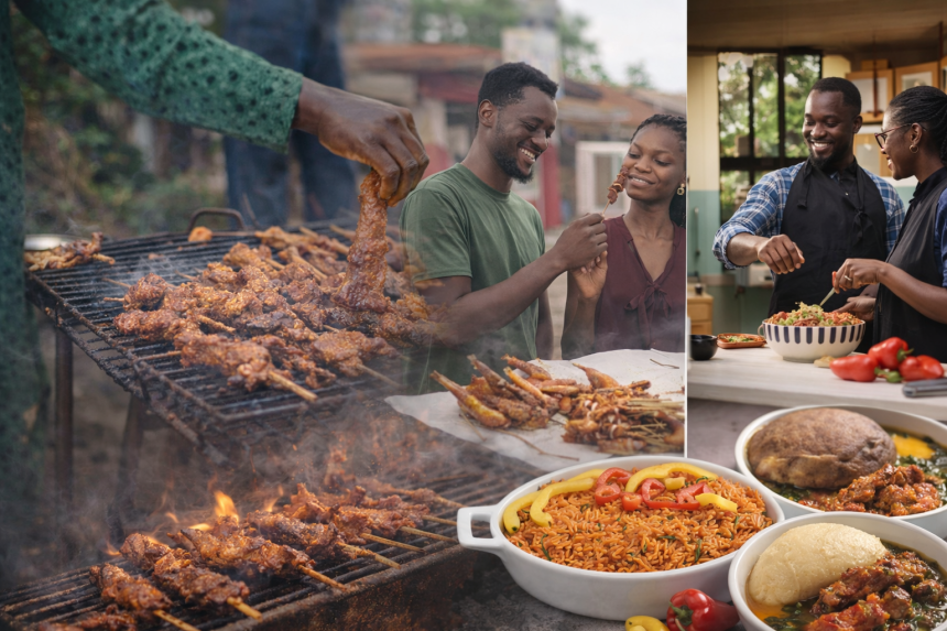 Nigerian street food and home cooking side by side — a couple eating suya skewers at an open grill in Lagos alongside a spread of jollof rice, amala, and Nigerian stew.