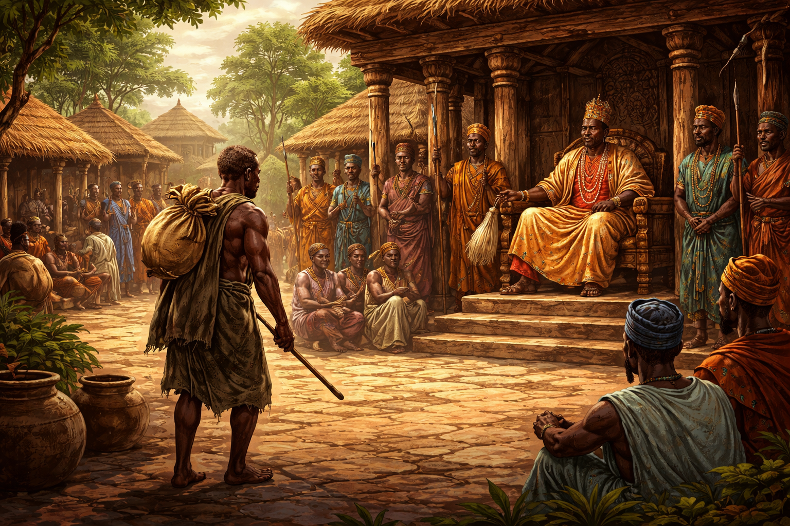 Help generate and design an image to use for this article. The design should look like ancient Yoruba people and kingdom, with no white man or woman in the design. It should be purely Yoruba heritage. Also, no inscription of the title "The Man Who Returned" on the design. It should be 1920 x 1300 in size. Also, see the attached images to help you understand what ancient Yoruba people and communities looked like.