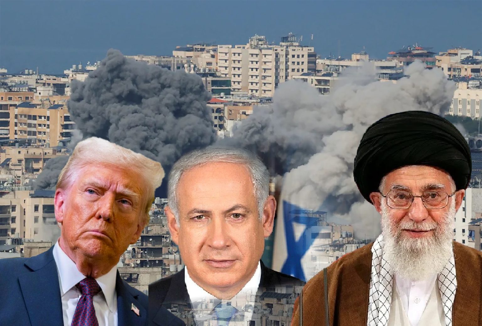 US President Donald Trump, Israeli Prime Minister Benjamin Netanyahu, and Iranian Supreme Leader Ayatollah Ali Khamenei, the three principals of the conflict that began on 28 February 2026.