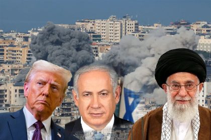 US President Donald Trump, Israeli Prime Minister Benjamin Netanyahu, and Iranian Supreme Leader Ayatollah Ali Khamenei, the three principals of the conflict that began on 28 February 2026.
