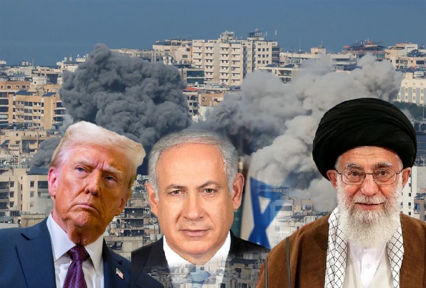 US President Donald Trump, Israeli Prime Minister Benjamin Netanyahu, and Iranian Supreme Leader Ayatollah Ali Khamenei, the three principals of the conflict that began on 28 February 2026.