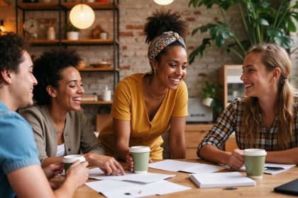 Young adults in focused discussion, representing youth culture engaging with institutional authority and social change.