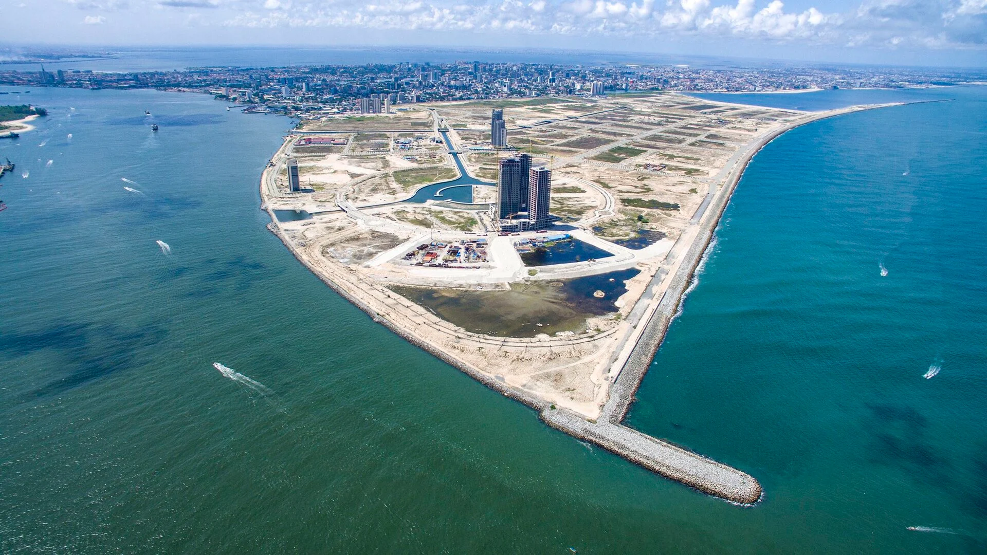 Aerial view of Eko Atlantic development in Lagos showing reclaimed coastal land and engineered urban infrastructure