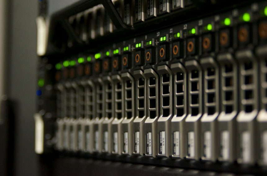 Modern data centre server racks with active indicator lights representing web hosting infrastructure